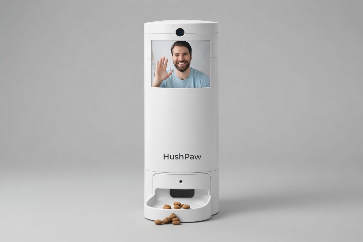 HushPaw dispenser with speaker camera and display in white