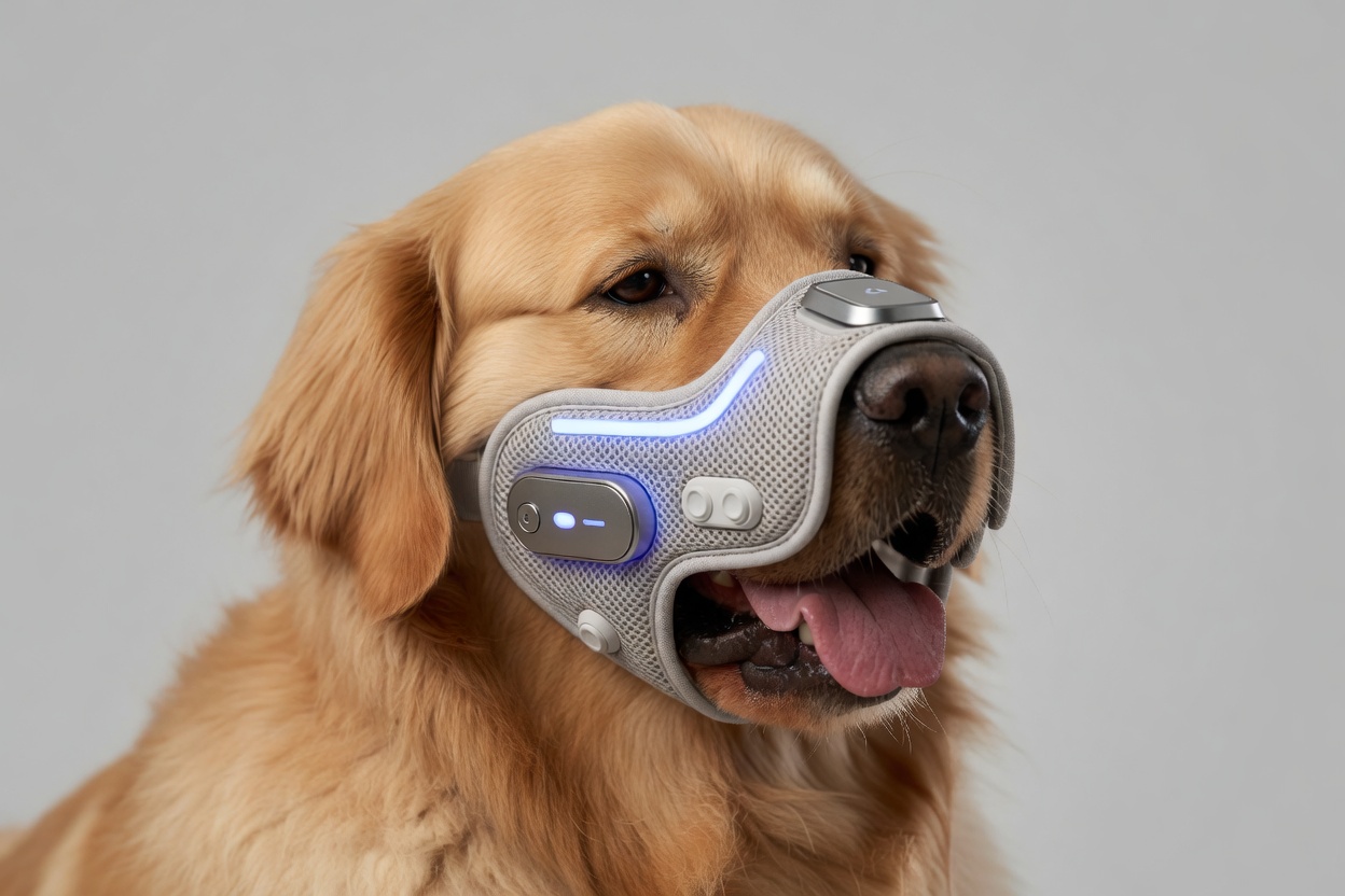Dog wearing the HushPaw muzzle in silver mesh